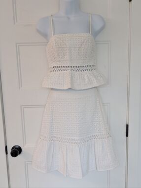 Lilly Pulitzer Jan Eyelet Lace 2-Piece Set White Peplum Top Skirt Size 00